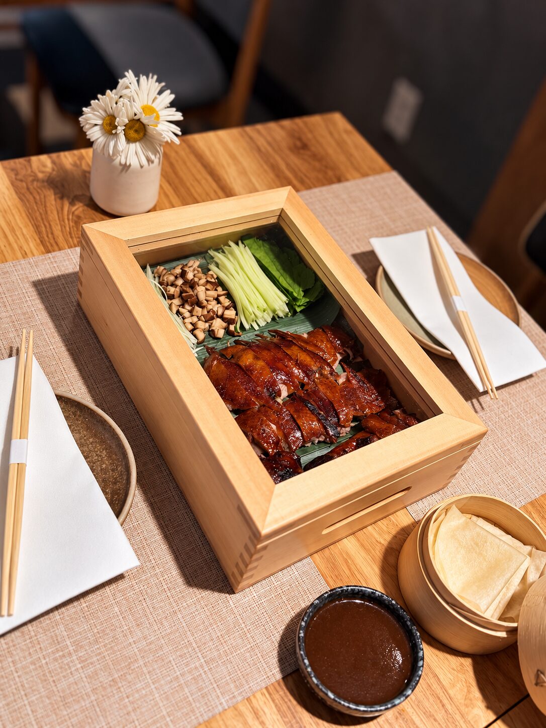 Sato Village Duck: sliced roast duck with cucumber, scallion, shiitake, lettuce, thin pancakes and hoisin
